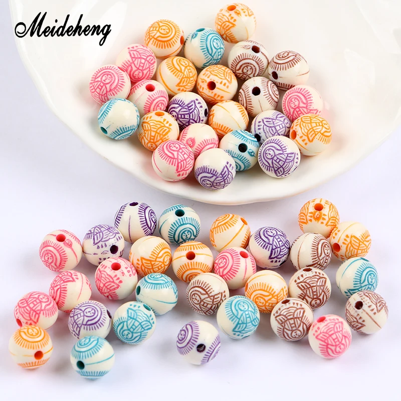 

10mm Acrylic Round Beads Washing Effect Color Buddha Painting Prayer Beads Accessories For Jewelry Making Bracelet Materials
