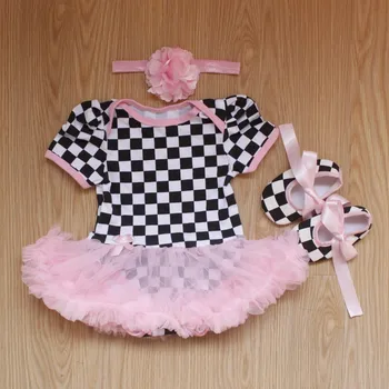 

Baby Rompers 3PCs Infant Clothing Set Baby Girls Plaid Tutu Dress Jumpersuit Headband Shoes