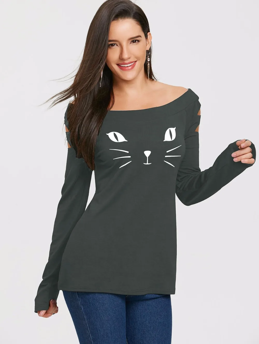 VESTLINDA Women T Shirts Casual Autumn Cat Clothes Womens Tops Cat Face Print Long Sleeve Ripped T-Shirt Women's Clothing Tshirt 19