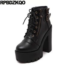 Lace Up Round Toe 14cm Autumn Extreme Black Gothic Platform Boots Punk Fetish Women Ankle Waterproof High Heel Booties Chunky