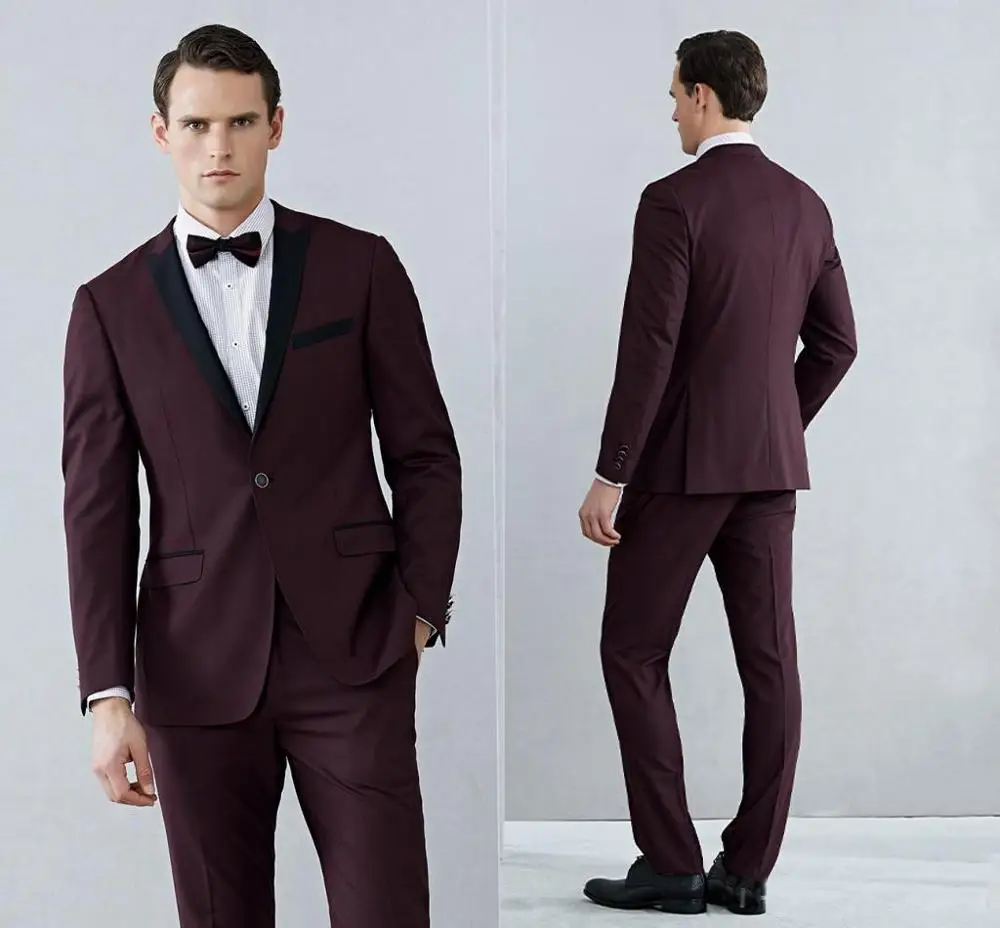

Shawl Claret Mens Suits Tuxedos Bridegroom Wedding Suit Formal Men Tuxedos Black And Red Jackets (Jacket+Pants+Bow Tie)