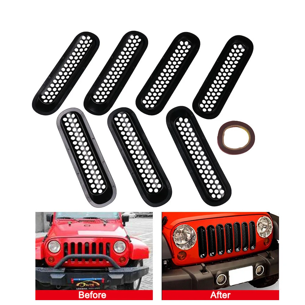 

7pcs Black ABS Car Mesh Front Racing Grille Trim Cover For Jeep JK 07-15 Wrangler Grille for Bumper Wrangler