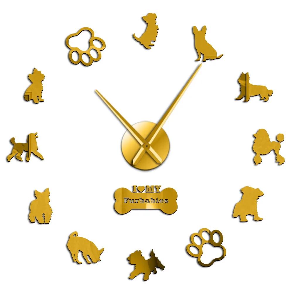 Английская игрушка-терьер Пудель Йоркширский терьер смешанные собаки пород настенное искусство домашний декор DIY гигантские настенные часы собаки Домашние животные часы с подвеской - Цвет: Gold
