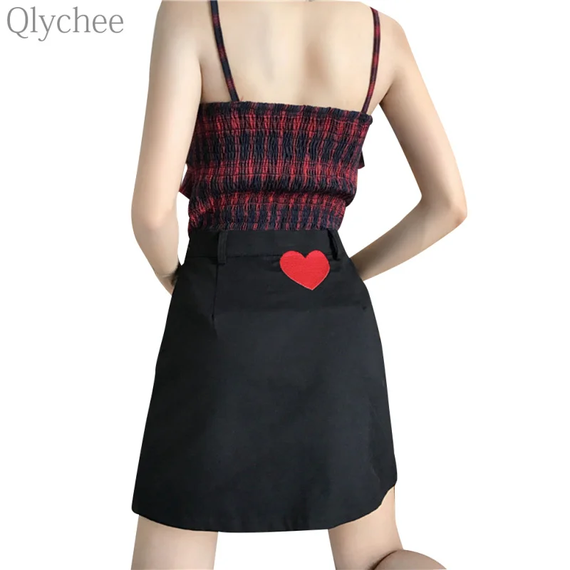 Qlychee Heart Embroidery Skirt Solid Empire A Line Mini Skirt Women Summer Sexy BottomsSkirts