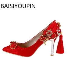 Women Beautiful Wedding Shoes Red Pointed Stilettos Lace Flower Tassel Bride Shoes Women’s High Heels Shoes All Match Pumps
