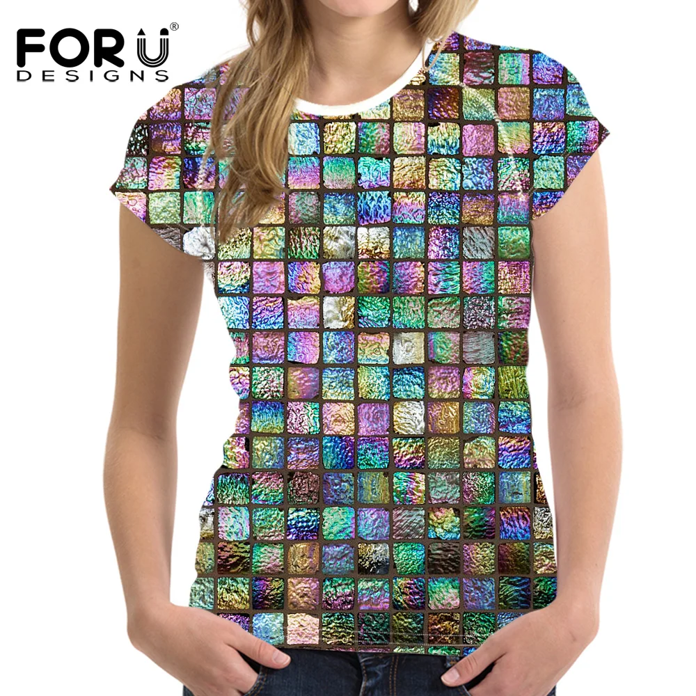 FORUDESIGNS Bright Colorful Grid T Shirt Short Sleeved Woman Girls 3D