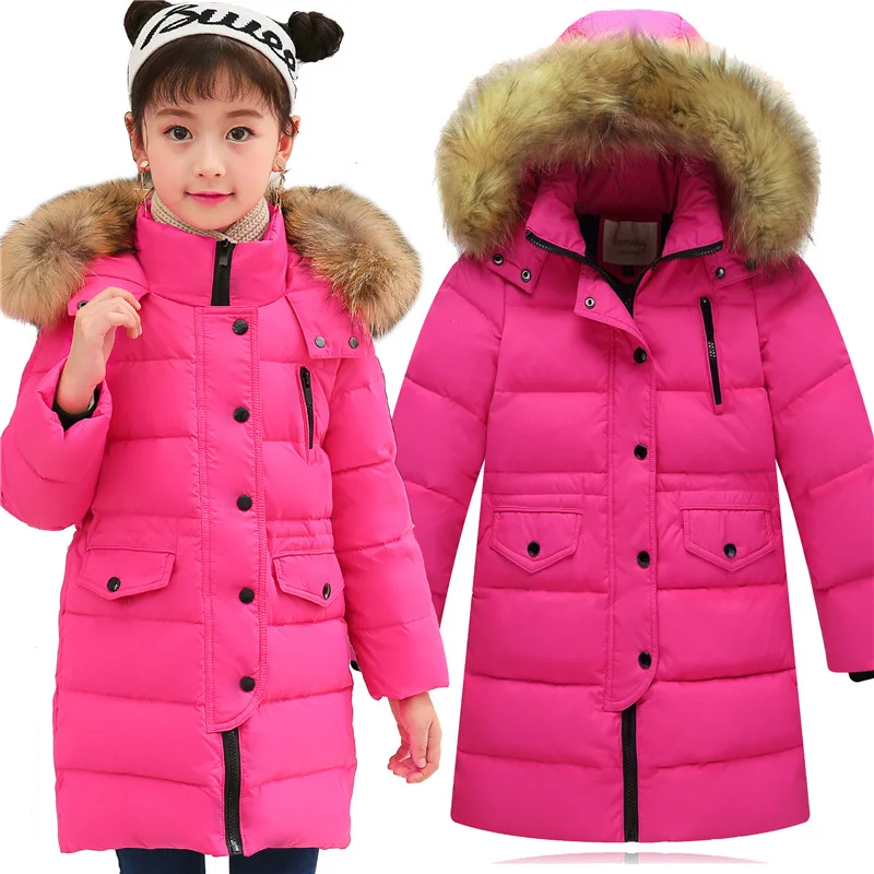 Winter Fur Girls Hooded Coat Kids Children Cotton Down Thicken Jacket Parka Slim