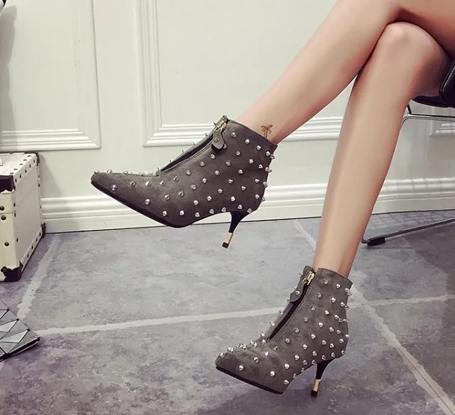 Punk Boots Gray Ankle Boots Rivets Black Pointed Designer Women Shoes Zips Women's Boots Women Ankle Boot New Fashion Autumn (10)
