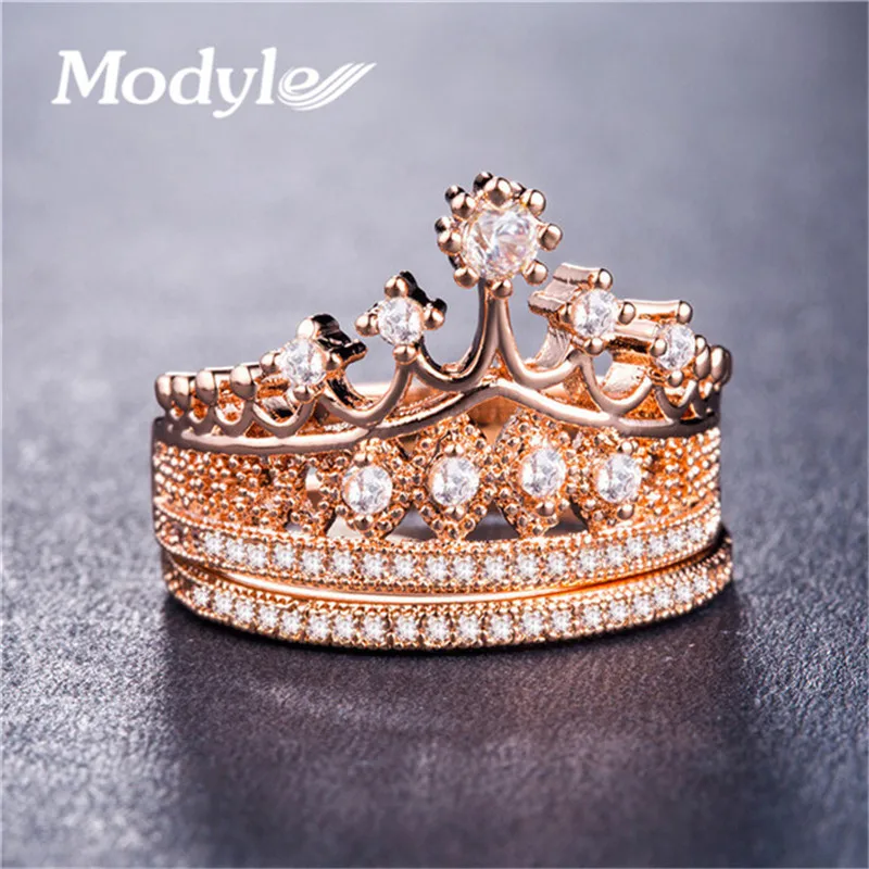 

Modyle CZ Crystal Fashion Crown Rings For Women Rose Gold Color Round Cut 2019 New Arrival Anillos Wholesale Jewelry