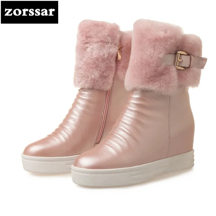 

{Zorssar} Genuine Leather High heel ankle boots women snow boots winter Warm plush Womens Shoes platform Booties botines mujer