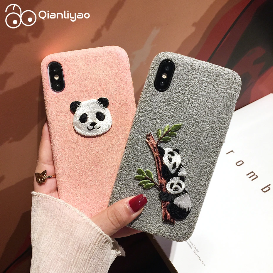

Qianliyao Embroidered Panda Phone Case for iPhone 6 6S 8 7 Plus Case Cute Panda Puppy Butt Cover for iPhone X XS Max XR Cases