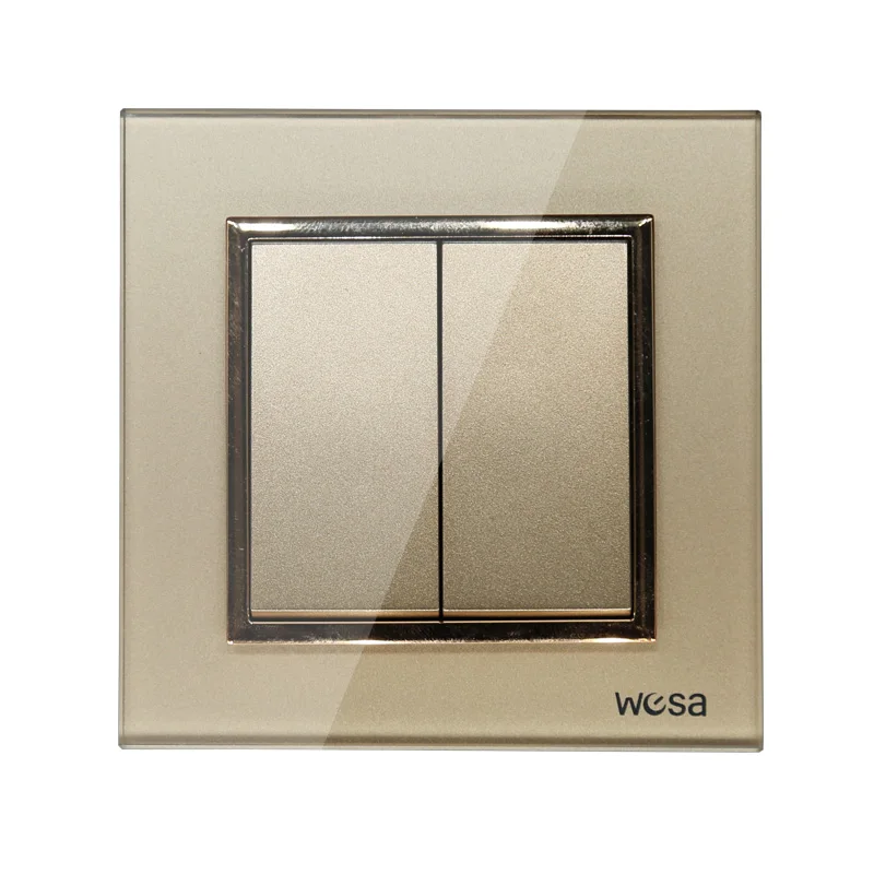 

2019 New design EU Standard Wall Switch Luxury Gold Crystal Tempered glass, 2 Gang 1 Way Switch FB-02