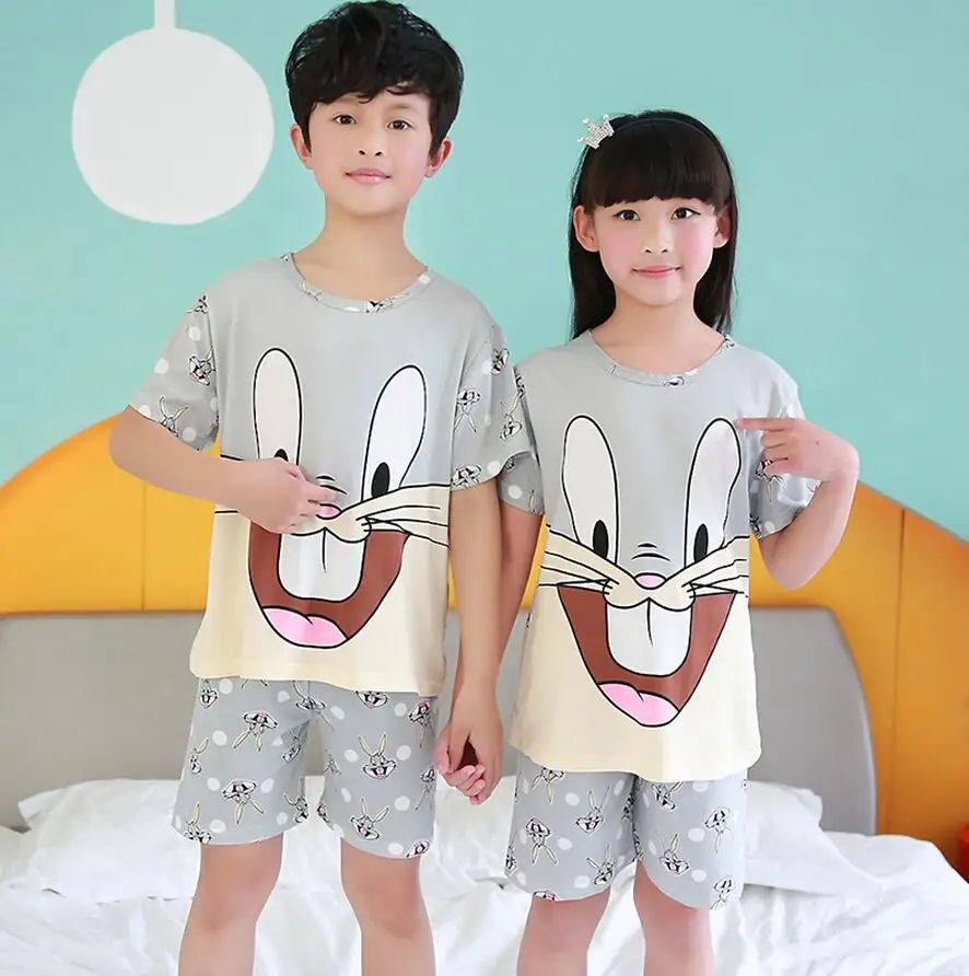 Летние Пижамные комплекты для мальчиков детская одежда для сна с короткими рукавами и рисунком трикотажные пижамы для подростков, одежда для сна для девочек, 24 - Цвет: model 8