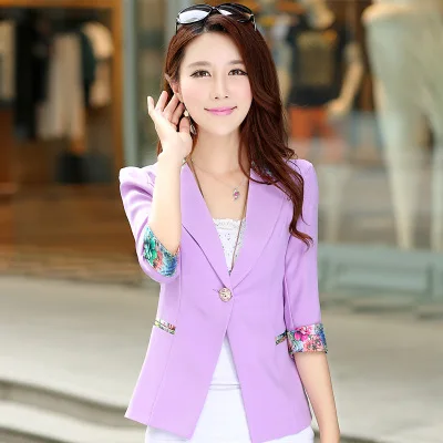 Summer Fall 2015 Floral Blazer Three Quarter Sleeve Candy Blazer Women Flower Slim Office Suit Thin Coat Plus Size S-2XL Y79