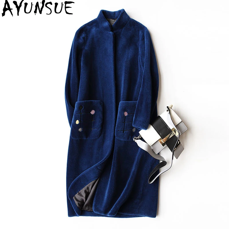 AYUNSUE Natural Wool Femal Jacket 2018 Causal Women's Real Fur Coat Sheep Shearling Coats Long Winter Warm Outerwear WYQ1004