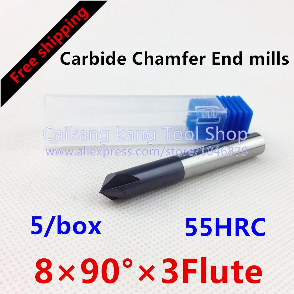 

Free shipping 5/box New 3 Flute 90 Angle Head:8mm CNC Carbide Chamfer End mills Highest cutting 55HRC-8*90 Angle