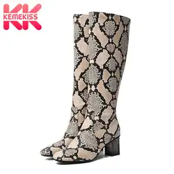 KemeKiss/Большие размеры 34-48; женские сапоги до колена; модная обувь на квадратном каблуке со змеиным принтом; Женская Повседневная теплая