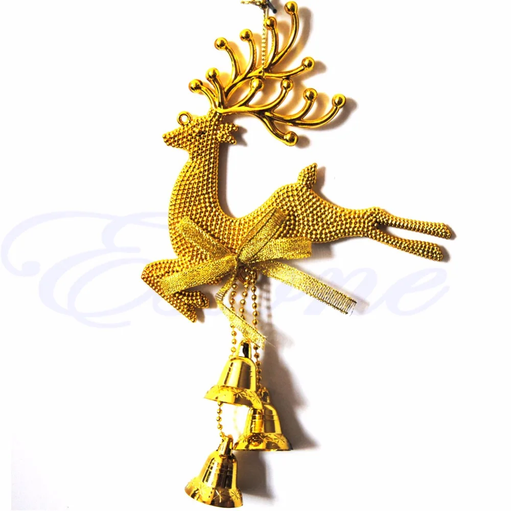 1Pc Gold Reindeer Deer Bells Christmas Tree Hanging Ornament Party Xmas
