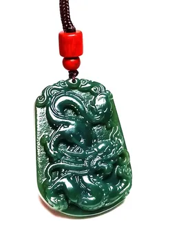 

Koraba Fine Jewelry Women Mens Natural Chinese Dark Green Handmade Gemstone Jasper Carving Dragon Necklace Free Shipping