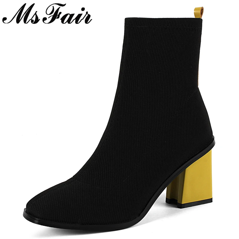 

MSFAIR Square Toe High Heel Women Boots Fashion Mixed Colors Square heel Ankle Boots Women Shoes Black Red Yellow Boots Women