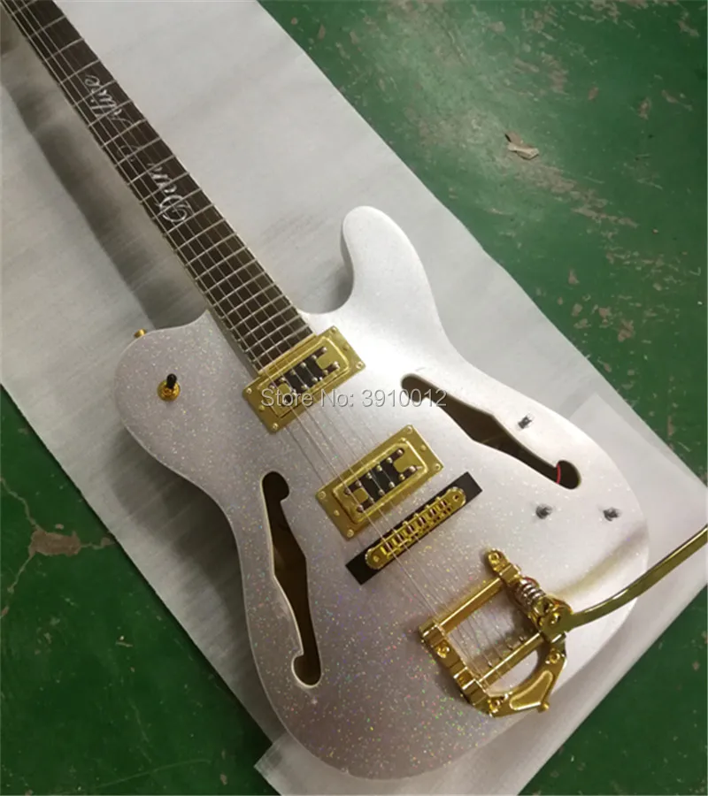 Custom F Jazz electric Silver color bigsby tremolo gold Accessories Hollow body