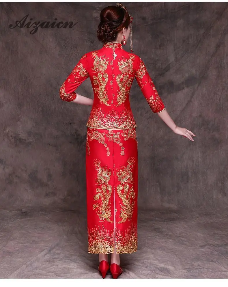 2019 chino tradicional boda Vestido Rojo bordado novia восточные платья Тонкий Cheongsam vestido Chinoise Femme Qi Pao