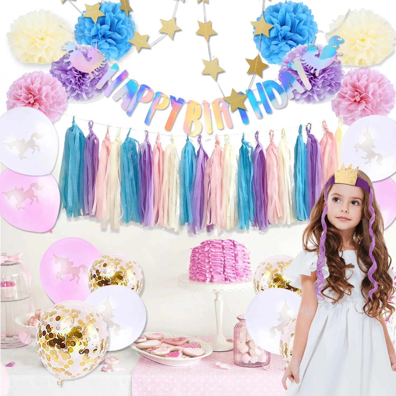 

Unicorn Birthday Party Decor Rainbow Happy Birthday Banner Balloons DIY Pom Pom Flower Iridescent Party Supplies