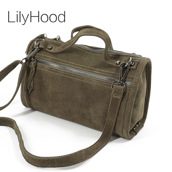 

Female Suede Genuine Leather Rivet Shoulder Bag For lady Leisure Small Boston Handbag Nubuck Bowler Crossbody Bag