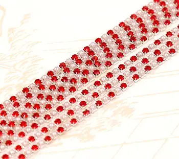 

10Meter 2mm Pearl Red Rhinestones Silver Plated Flatback Ribbon Chain Trim For Sewing Craft Diy
