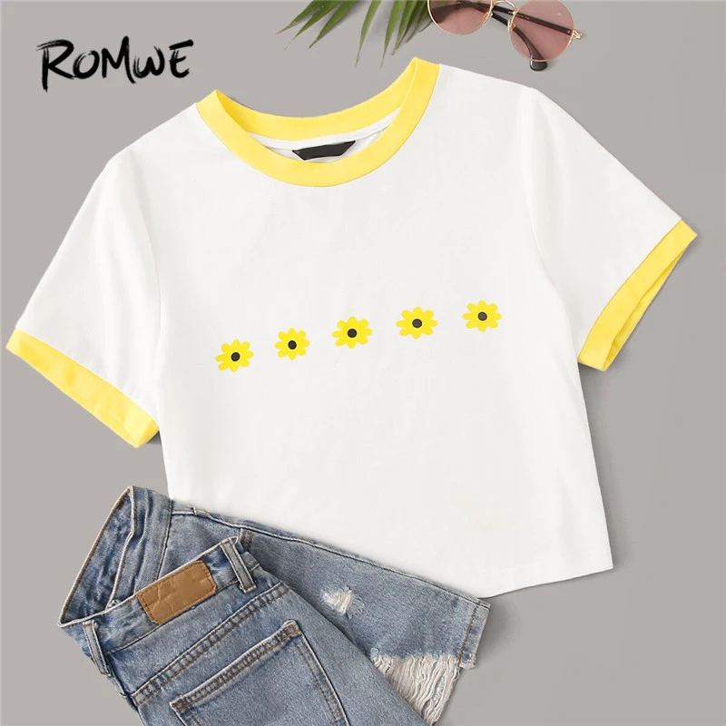 

ROMWE Floral Print Contrast Binding Short Preppy Style White Tees Woman 2019 Sweet Cute Basic Crop T Shirts