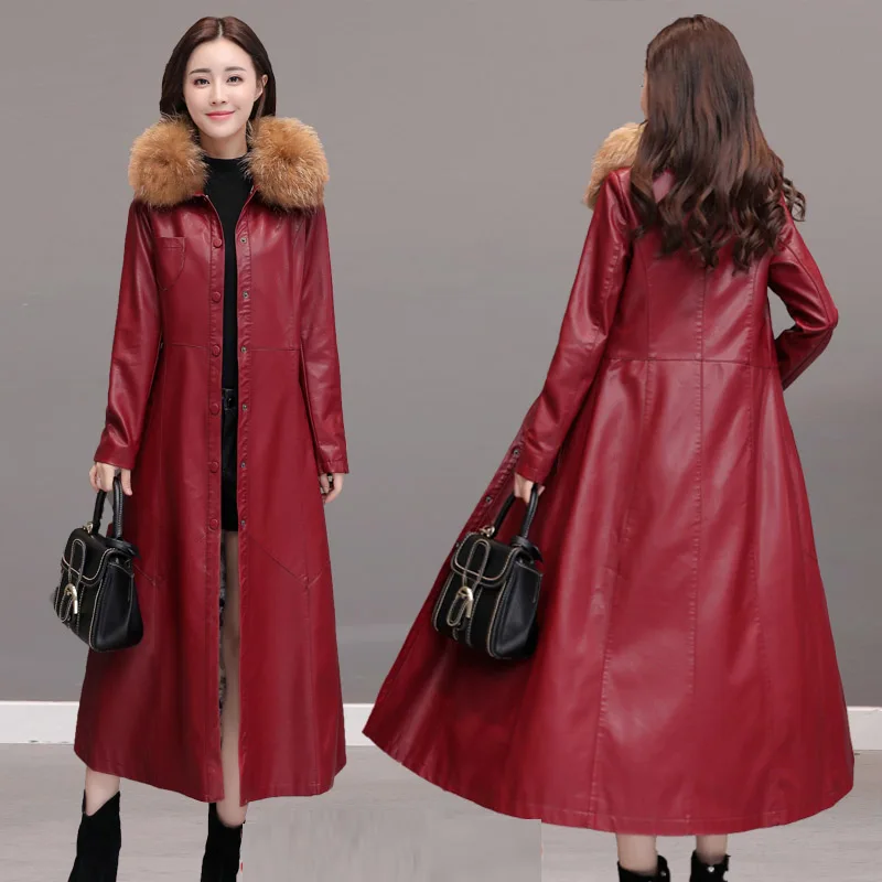 Cuir 2018 D'hiver Automne Mode En 1956 Plus Et Manteau Noir rouge Femmes Pu Tranchée Velours Longue Fourrure Col De Le dXEXwrq