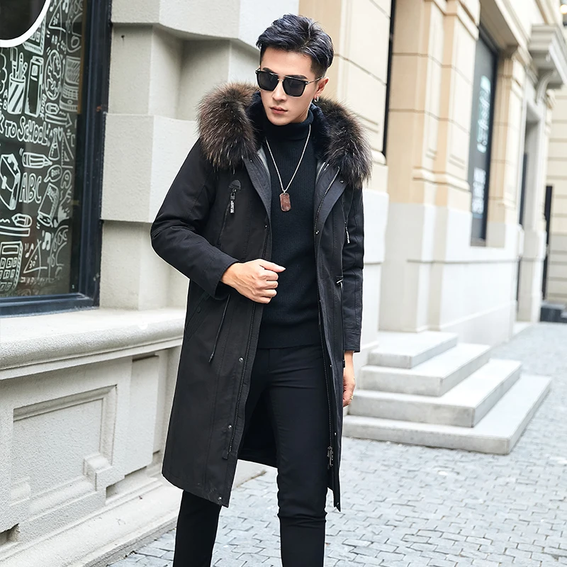 

Real Fur Coat Men Rabbit Fur Liner Raccoon Fur Collar Plus Size Winter Coat Natural Fur Parka Long Jacket FX771816-1 YY718