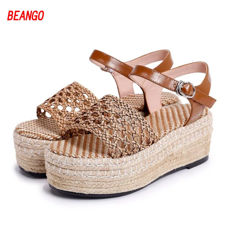 

BEANGO Genuine Leather Round Toe Hollow Edged Straw Women Handmade Platform Sandals Peep Toe Comfortable Wedges Shoes Femmes