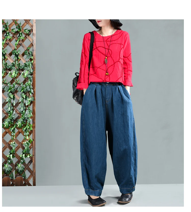 2019 New Women Loose Jeans Casual Denim Harem Pants Plus Size Elastic Waist Washed Jeans Trousers 2
