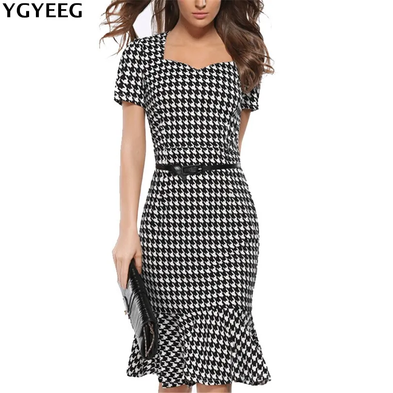 

YGYEEG Women Elegant Slimming Work Office Dresses Houndstooth Knee-Length Mermaid Summer Pencil Bodycon Party Sexy Grid Bodycon