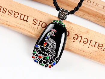 

Thai Silver Green Black Onyx gem Topaz cord pendant pendant peacock sweater chain large female Cloisonne jewelry