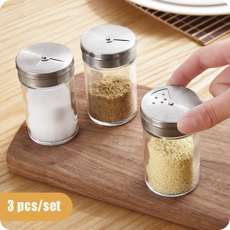 3pcs Spice Seasoning Jars Kitchen Supplies Glass Pepper Pot Bottle