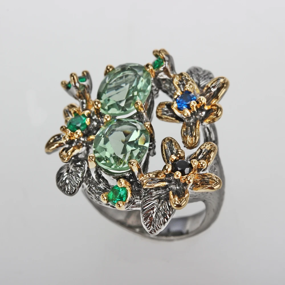 WA11688 green green zircon flower wedding ring women vintage jewelry (6)