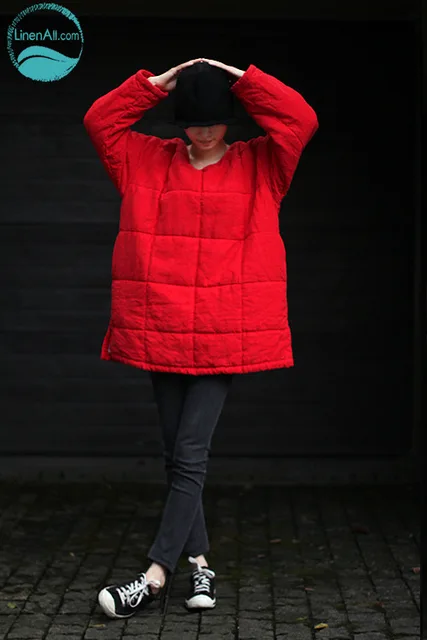 Cheap LinenAll.com women's parkas,100% linen fresh red straight loose O-neck pullover thermal wadded cotton-padded jacket female Yijiu