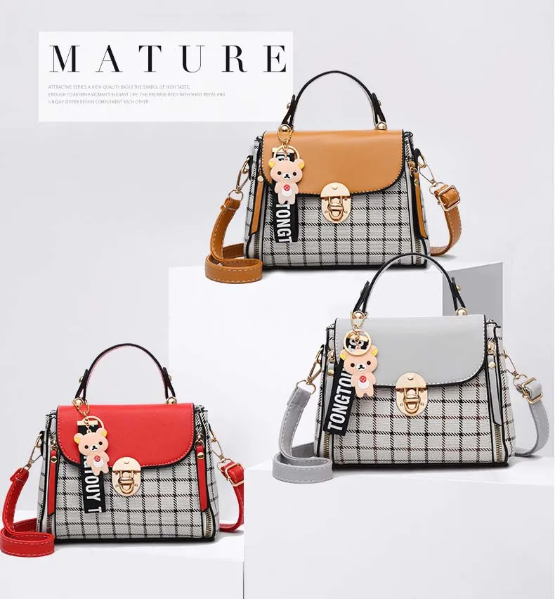 Women PU leather Plaid Bucket Handbag Fashion Panelled Small Printing Crossbody Shoulder Bag Female Elegant Bear Tote Purse Bags (4)