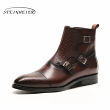 Men winter Boots Genuine cow leather chelsea boots brogue casual ankle flat shoes Comfortable quality soft handmade brown black