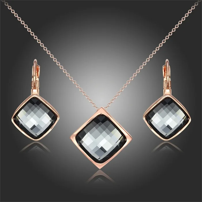 

Gold White Color Black Square Facted Crystal Leverback Earrings Pendant Necklace Womens Jewelry Sets for Wedding Party