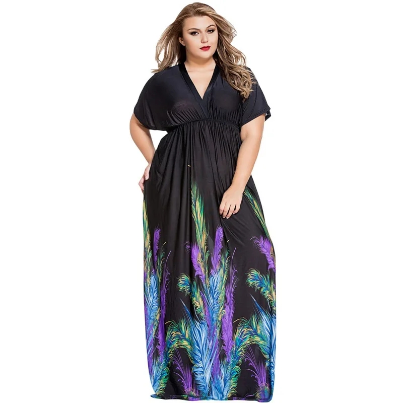 Elegant Printed Black Loose Fitting Maxi Dress Plus Size XL XXL 3XL New