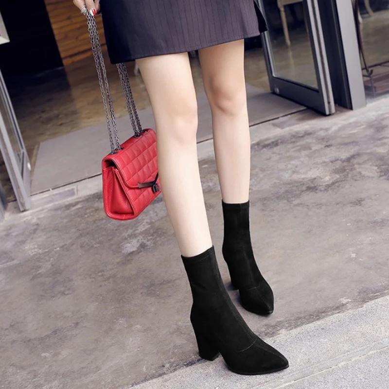 HIBISMIX/; модные ботинки на толстом каблуке; сезон весна-осень; женские ботинки до середины икры с острым носком; женская обувь на каблуке из эластичной ткани; 1201