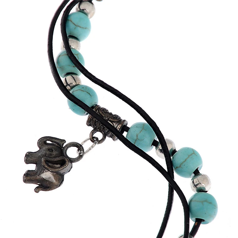 New Charm Bohemia Handmade Turquoise Bead Elephant Foot Chain Anklet Bracelet Chic Leather Barefoot Sandal Beach Jewelry
