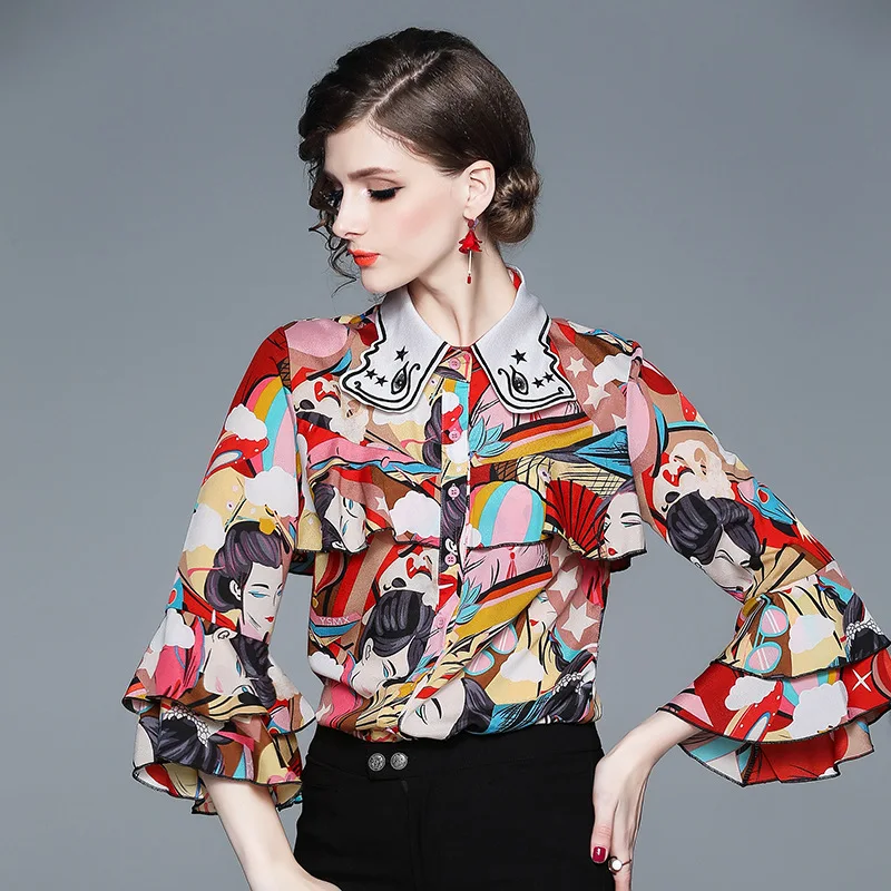 

2018 Elegant Women Fashion Ruffled Shirts Ruffled Sleeve Turn-down Collar Ladies Autumn Runway Desinger Long-sleeved N3651 601
