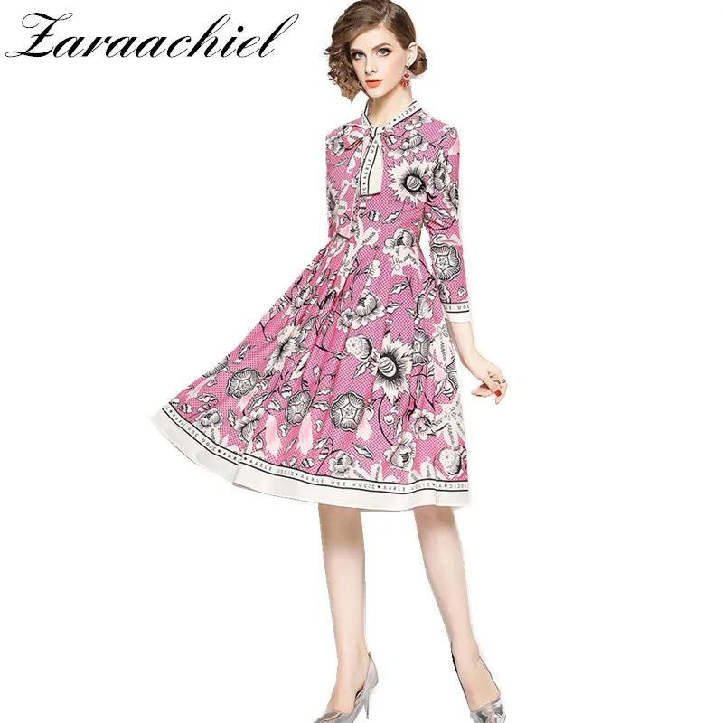 

Spring Autumn Pink Floral Print Dress Women Sweet Cute Floral Bowknot Dresses Runway Long Sleeve Party Dress Vestido S-XXL Size