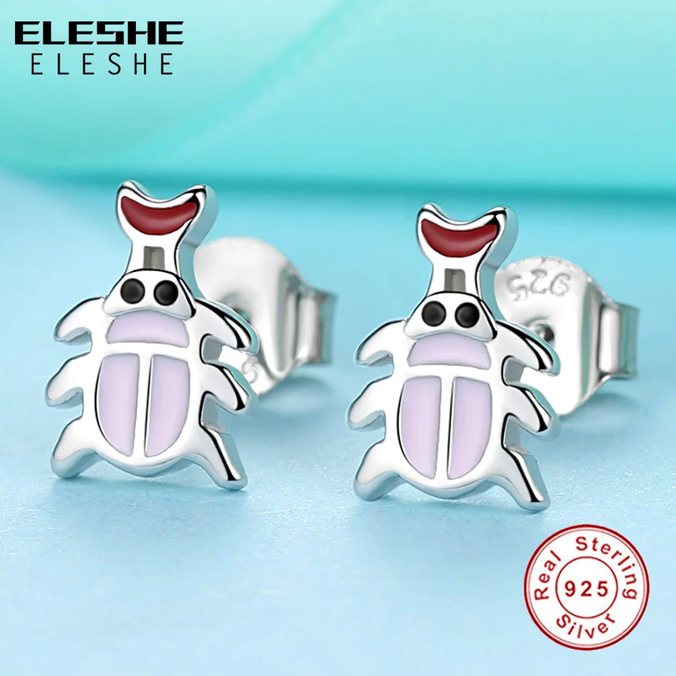 ELESHE 2019 Fashion Jewelry Cute Pink Enamel Crab Stud Earrings for Women Girls Child 925 Sterling Silver Earrings Party Jewelry