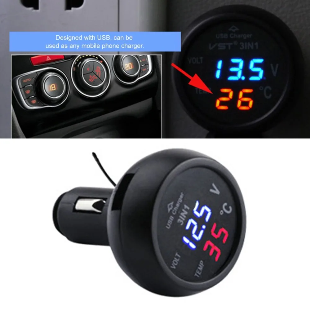 

3 in 1 Auto Digital LED Thermometer Voltage Detection Table USB Car Charger Cigarette Voltmeter Meter Multifunctional