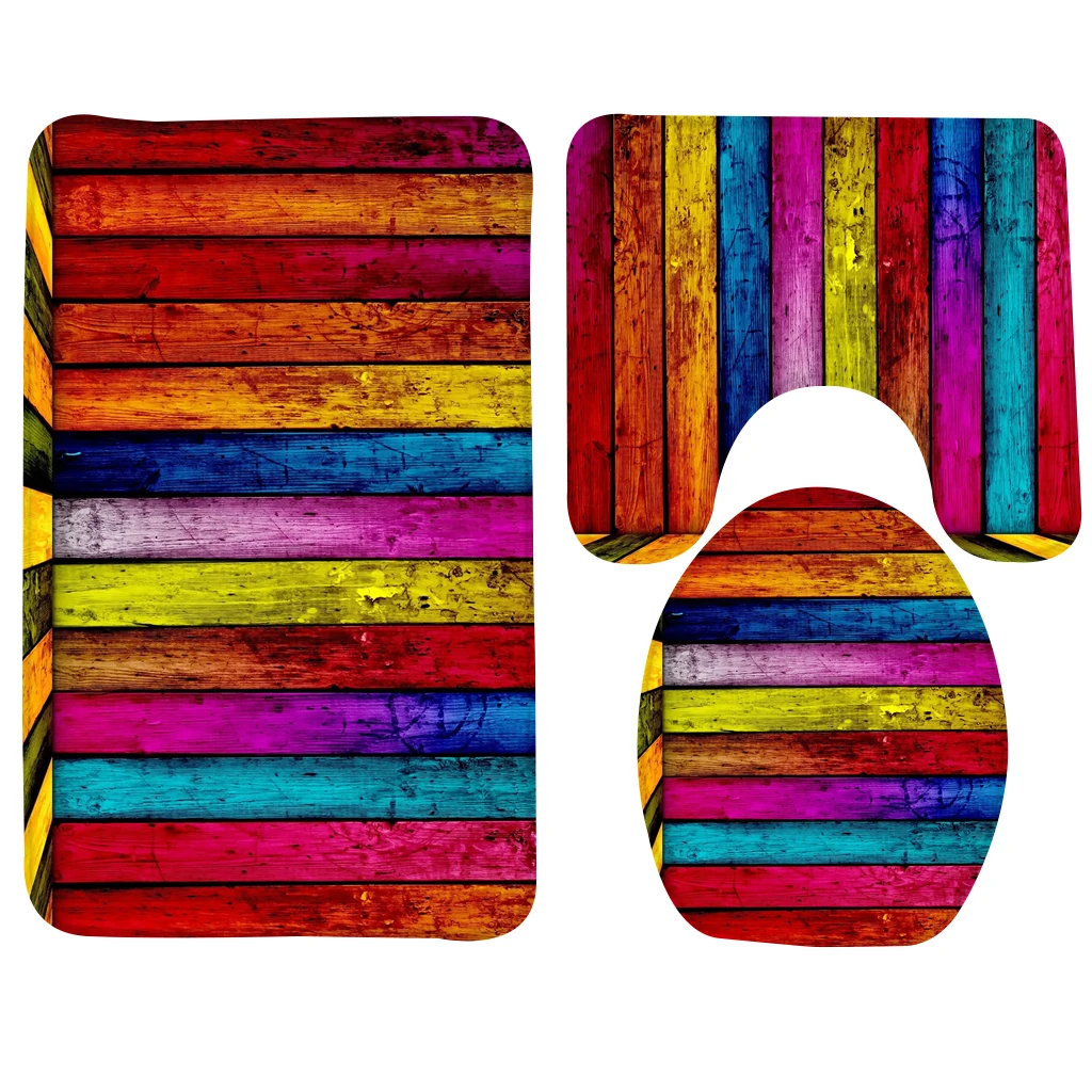 

Anti Slip Bathroom Mat Set 3pcs Wood Pattern Colorful Woods Stripe Bath Mat Non Slip Shower Mat and Toilet Mat Sets